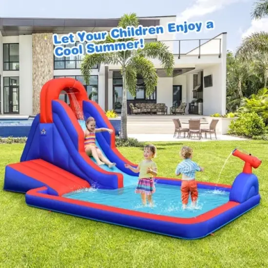 Costway Inflatable Water Slide Park w/ Climb Slide Pool & 2 Swim Rings Blower Excluded image {2}