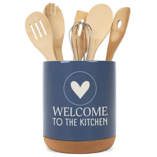 Elanze Designs Welcome to the Kitchen Ceramic Cork Bottom Navy Blue Large Capacity Utensil Holder Crock for Countertop Storage, Stylish & Durable for image {4}