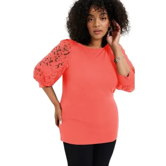 June + Vie by Roaman's Women&rsquo;s Plus Size Lace-Trim Boatneck Top image {5}