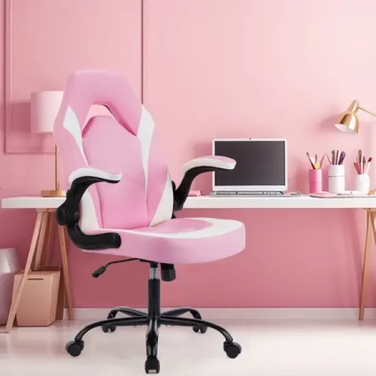 FURNIinspire Task And Office Chairs Pu Leather Office Chair Swivel Computer Gaming Chair With Lumbar Support, Pink And White, 25"*28"*46" image {5}