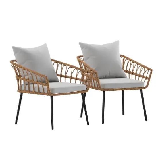 Emma and Oliver Indoor/Outdoor Bohemian Natural Rattan Rope Patio Chairs with Open Weave Design and Removable Plush Cushions image {6}
