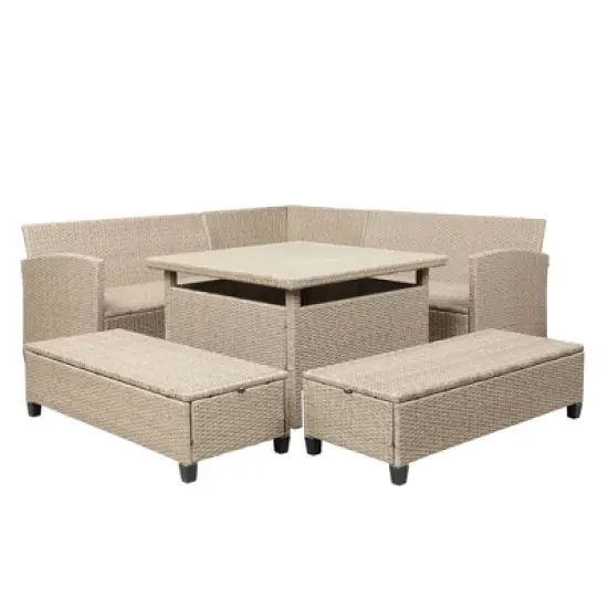 6pc Wicker Patio Set with Benches - Brown/Gray - GODEER image {6}