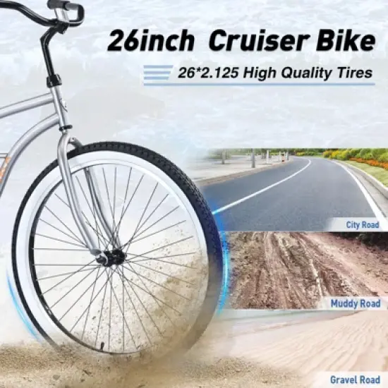 INFURNIC Bicycles Single Speed Beach Cruiser Bike with Steel Frame and Coaster Brake for Men Commuter Riding, Silver Grey, 69.29"*25.98"*39.37" image {2}