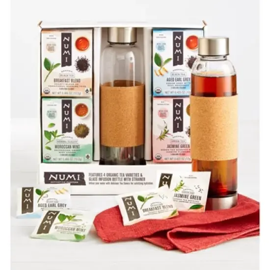 Organic Tea Gift Set , Includes 16oz Glass Tea infusion Bottle with Strainer and 4 organic tea varieties (24 tea bags) image {1}