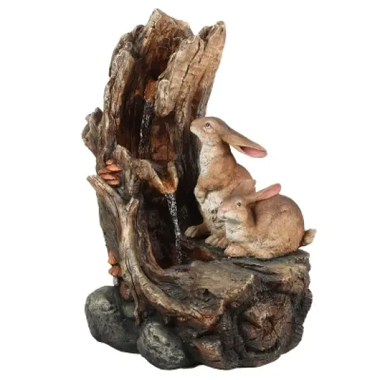 LuxenHome Resin Two Bunnies Tree Stump Outdoor Fountain with LED Lights image {5}