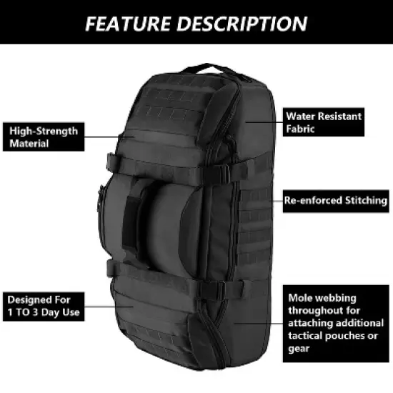 65L Large Duffle Bag, 3-in-1 Tactical Backpack MOLLE Pack for Sports, Gym, Outdoor, Black image {3}