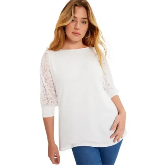 June + Vie by Roaman's Women&rsquo;s Plus Size Lace-Trim Boatneck Top image {4}