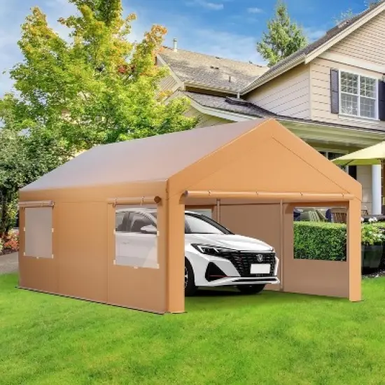 10x20 FT Carport, Heavy Duty Car Canopy with Removable Sidewalls, Doors and Ventilated Window, Portable Garage, Waterproof and UV Protection Garage image {4}