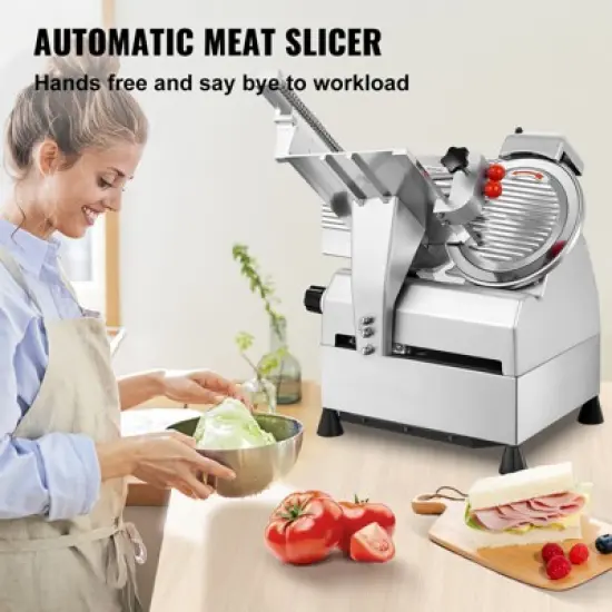 VEVOR Automatic Meat Slicer, 540W Deli Slicer, 2 PCS 10" Stainless Steel Removable Blade, 0-15mm Adjustable Thickness, Child Lock Protection image {2}
