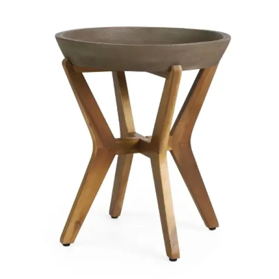 GDFStudio Hobson Outdoor Acacia Wood and Lightweight Concrete Side Table, Teak/Light Gray image {8}