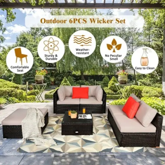 Costway 6PCS Outdoor Rattan Furniture Set Patio Seating Set Cushioned Ottoman image {5}