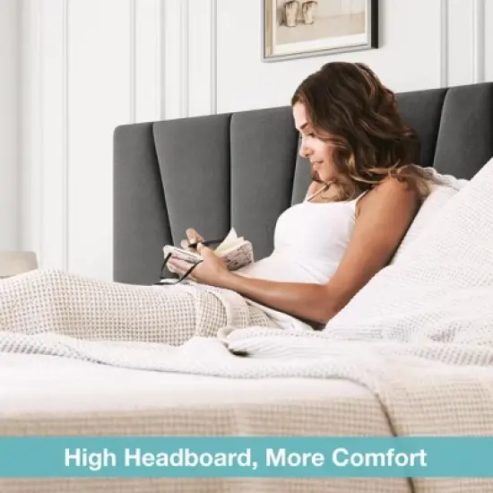 Bed Frame with Adjustable Headboard, Linen Upholstered Platform Bed Frame with Strong Wooden Slats, Mattress Foundation image {4}