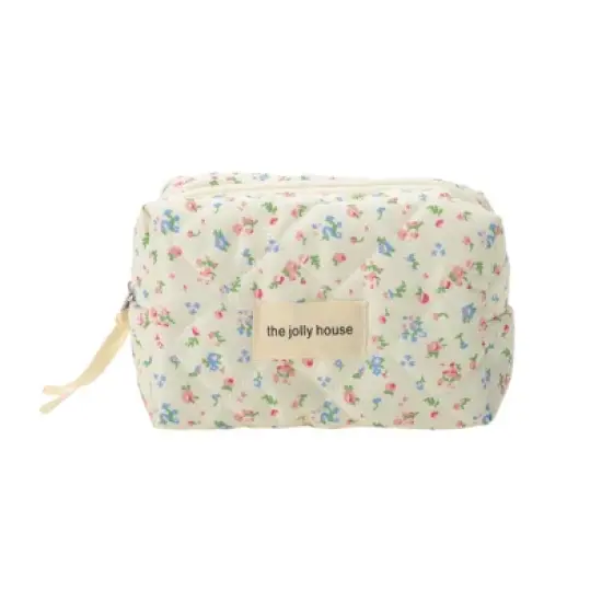 Unique Bargains Quilted Square Flowers Makeup Bag Red Green 1 Pc image {5}