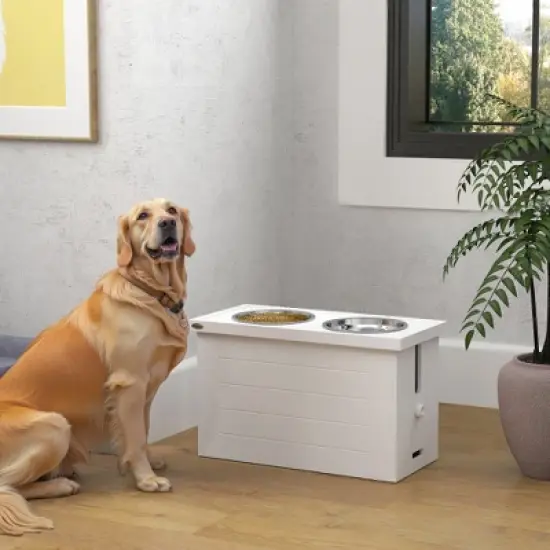 PawHut Elevated Dog Bowls, Pet Feeding Station with Slow Feeder Mat, Storage Cabinet, 3 Stainless Steel Bowls for Large & Extra Large Dogs, White image {1}