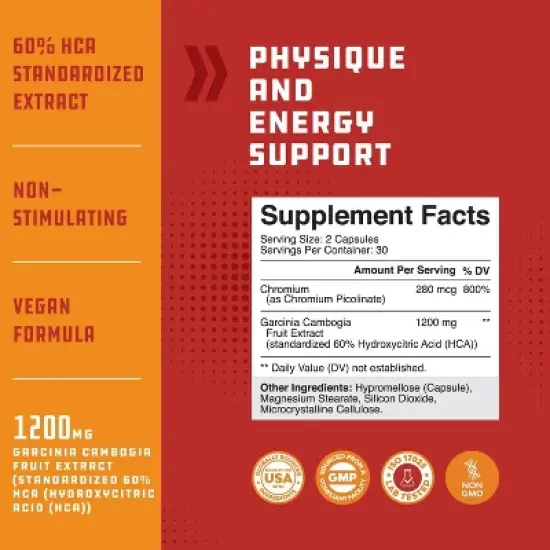 Garcinia Cambogia 95% HCA Capsules, Weight Loss Supplement with Hydroxycitric Acid & Chromium for Balance, Energy & Metabolism, Nature's Craft, 60ct image {2}