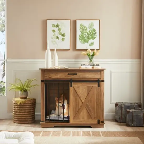 Large Dog Crate Furniture with Barn Door & Storage Drawer, Fits Dogs up to 100 lbs image {1}