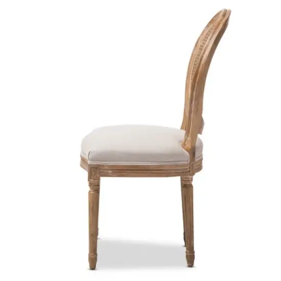 Adelia French Vintage Cottage Weathered Oak Wood Finish and Fabric Upholstered Dining Side Chair with Round Cane Back - Beige - Baxton Studio image {2}