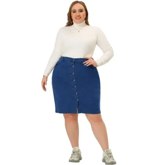 Agnes Orinda Women's Plus Size Denim Casual Mini Pockets Button Jean Pencil Skirts image {2}
