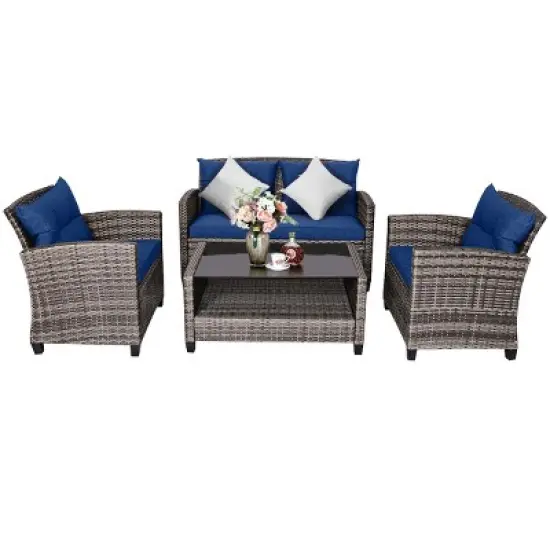 Tangkula 4PCS Rattan Furniture Set Coffee Table Cushioned Sofa Garden Lawn Patio Navy image {4}