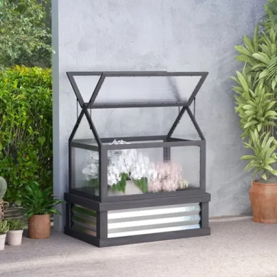 Outsunny Raised Garden Bed with Polycarbonate Greenhouse, Wooden Cold Frame Greenhouse, Garden Flower Planter Protection, 35.5"x22.5"x38.25", Gray image {1}