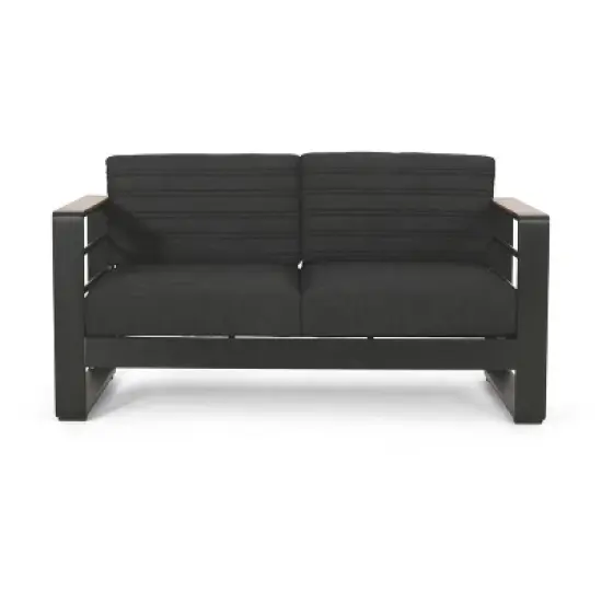 GDFStudio Neffs Outdoor Aluminum Loveseat with Cushions, Dark Gray/Natural/Black image {9}