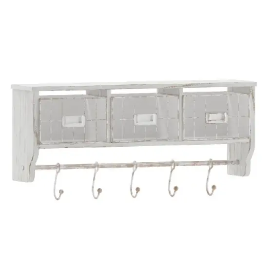 Emma and Oliver Rustic Country Wall Mounted Shelf with 5 Adjustable Sliding Hooks and Three Wire Storage Baskets image {13}