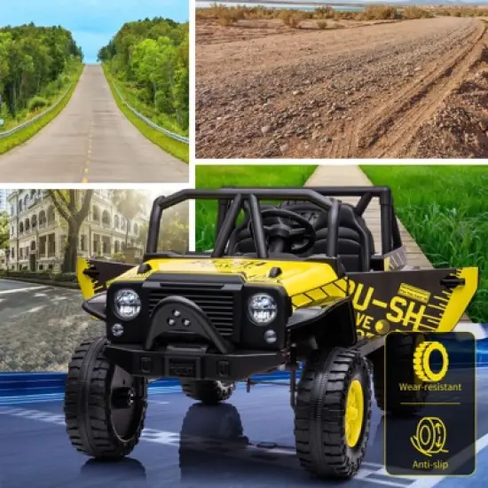 Kids Ride On Car, 24V 2 Seater, with Remote Control, Kids Electric Vehicle with 19" Wide Seat, LED, Spring Suspension, Yellow image {5}