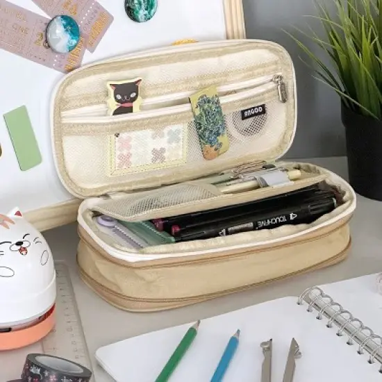 Wrapables Large Capacity Pencil Case, Expandable Pencil Pouch for Stationery Tools, Khaki image {3}