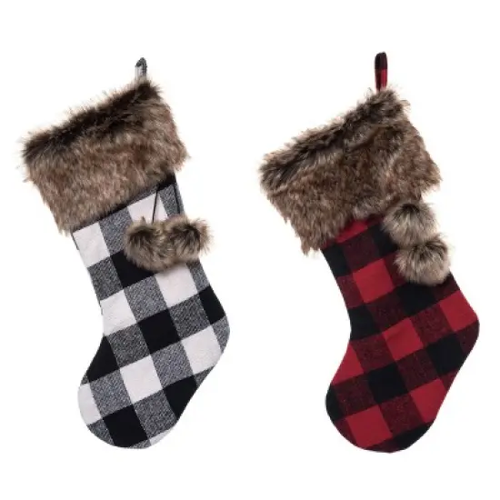 Transpac Fabric Check and Faux Fur Christmas Stocking Set of 2 Holiday Home Decorations Polyester image {1}