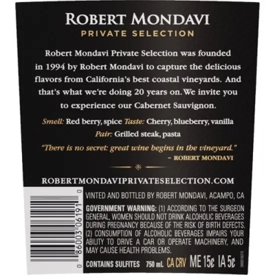 Robert Mondavi Private Selection Cabernet Sauvignon Red Wine - 750ml Bottle image {7}