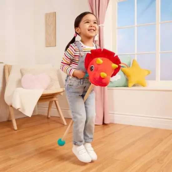 B. toys Hop 'n' Ride Tommy Triceratops - Plush Dinosaur Hobbyhorse with Sounds: Polyester & Wood, Toddler Gross Motor Skill Toy image {3}