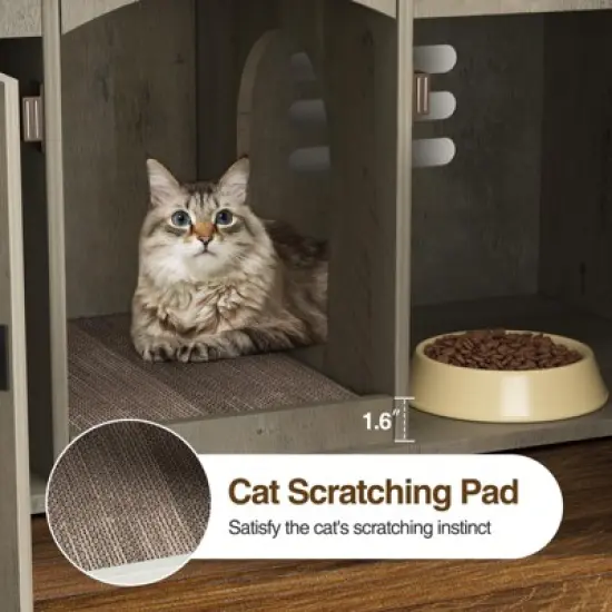 Double Cat Litter Box Enclosure, Hidden Litter Box Furniture for 2 Cats, Cat House with Scratch Pad image {4}