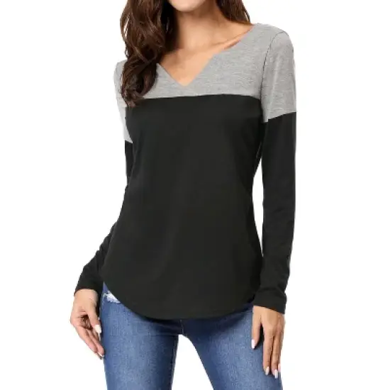 Allegra K Women's Color Block Stretch Split V-Neck T-Shirt image {2}