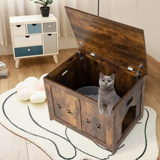 Tangkula Wooden Cat Litter Box Enclosure Flip-Top Hidden Washroom Bench w/ Side Entrance image {1}