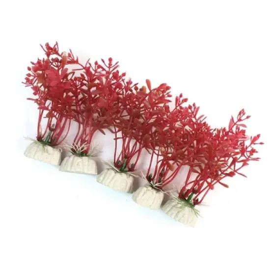 Unique Bargains Plastic  Plant w Ceramic Base for Fish Tank 4" High Red 5 Pcs image {2}