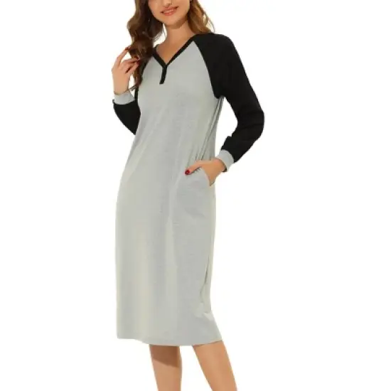 cheibear Women's Sleepshirt Pajama Dress Long Sleeves with Pockets Henley Lounge Nightgown image {5}