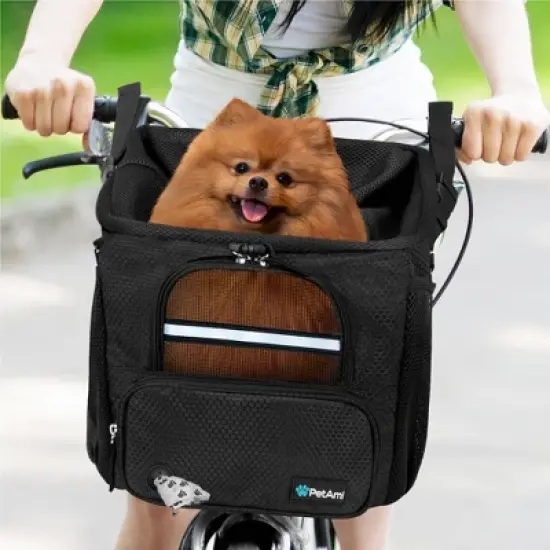 PetAmi Dog Bike Basket, Soft-Sided Ventilated Carrier Backpack, Pet Bicycle Handlebar Puppy Cat Kitten, Car Booster Seat Safety Strap image {8}