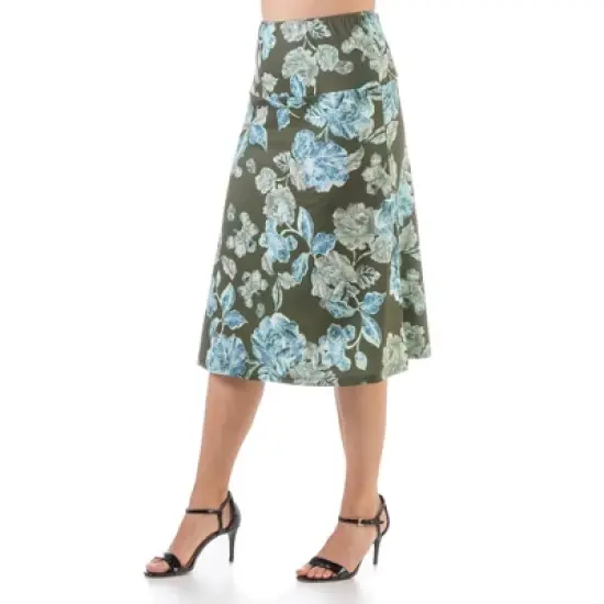 24seven Comfort Apparel Green Floral Elastic Waist Knee Length Skirt image {1}