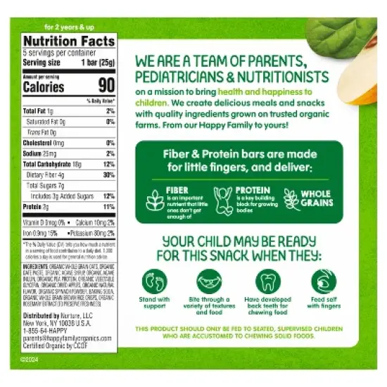 HappyTot Fiber & Protein Organic Apples and Spinach Soft-Baked Oat Bar - 5ct/0.88oz Each image {10}