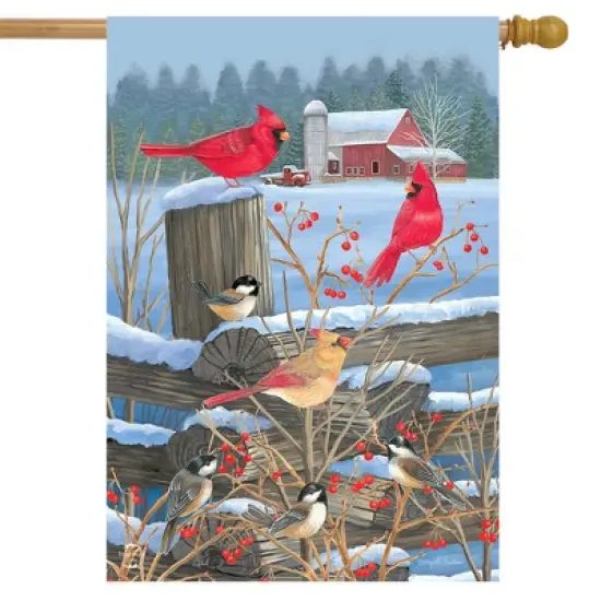 Briarwood Lane Birds of Winter Cardinals House Flag Snowy Fencepo image {1}