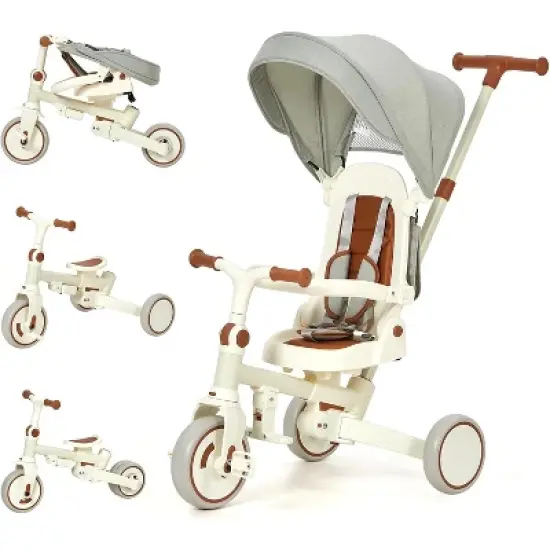 7-in-1 Foldable Baby Tricycle w/ Adjustable Parent Handle, Safety Harness & Wheel Brakes - Toddler Trike w/ Removable Canopy for Boys & Girls image {9}