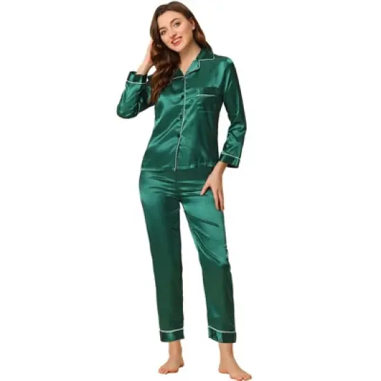 Allegra K Women's Satin Button Down Sleepshirt with Pants Halloween Pajama Set image {13}