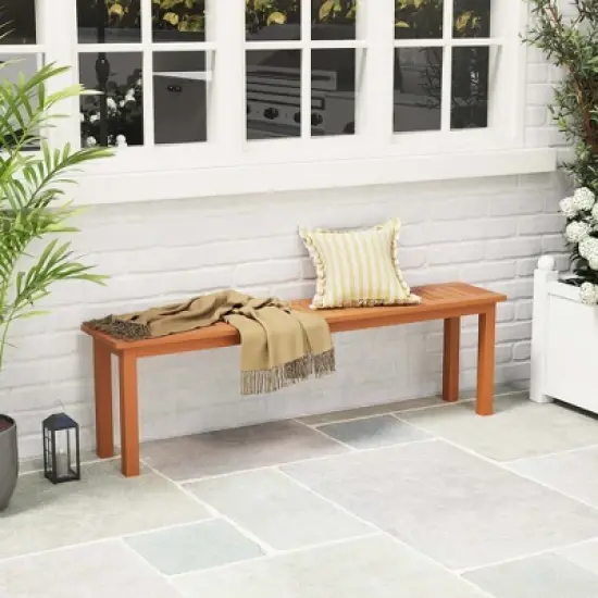 Costway 59" Long Patio Dining Bench with Teak Oil Finish & Slat Seat Accent Entryway Bench image {1}
