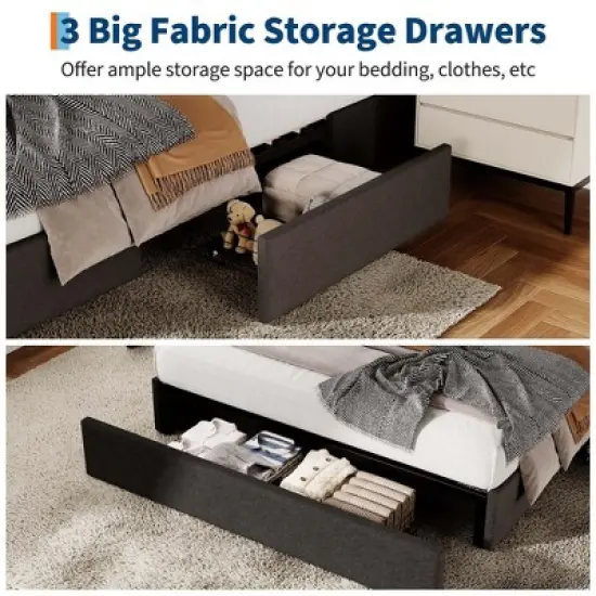Full Size Bed Frame with 3 Storage Drawers, Fabric Upholstered Platform Bed, Wooden Slats Support, Dark Grey image {3}