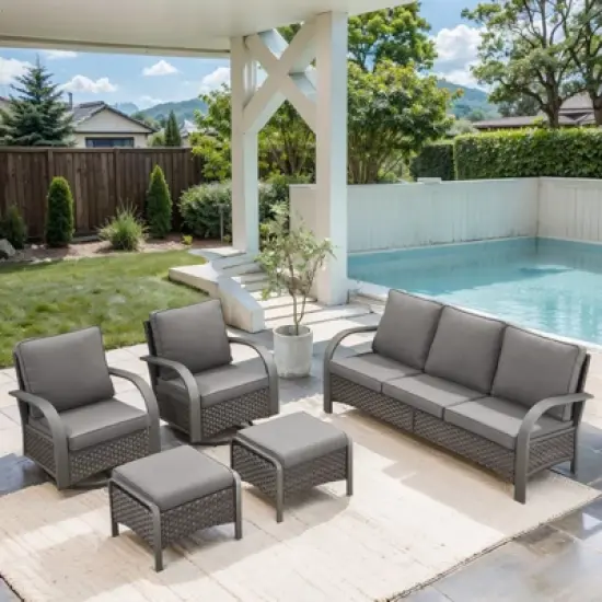 POCASSY 5PCS Outdoor Patio Furniture Set All-Weather Wicker Couch with Patio Swivel Rocking Outdoor Chairs and Ottomans, Patio Sofa Set for Backyard image {15}