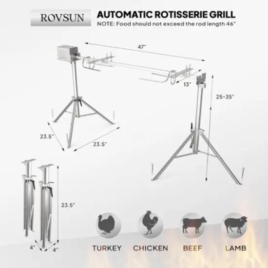 ROVSUN 46" Electric Rotisserie Grill, Pig Lamb Spit Roaster Stand Rotisserie 176 Lbs Capacity, Charcoal Rotisserie Grill Kit Stainless Steel image {2}