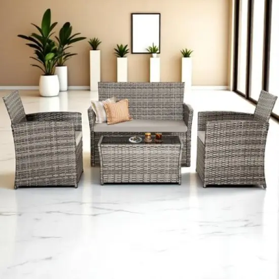 Mshliw 4-Piece Outdoor PE Wicker Furniture Set, Patio Gray Rattan Sectional Sofa with Washable Cushions for Garden, Porch, or Balcony image {16}