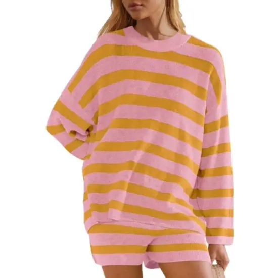 Womens Oversized Lounge Sets 2 Piece Outfits Striped Matching Pajama Set Long Sleeve Sweater Set image {3}