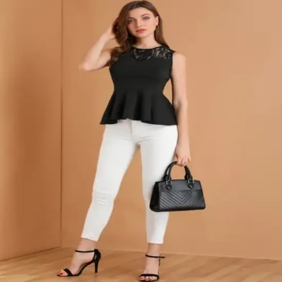 Allegra K Women's Floral Mesh Lace Panel Round Neck Sleeveless Peplum Blouses image {2}