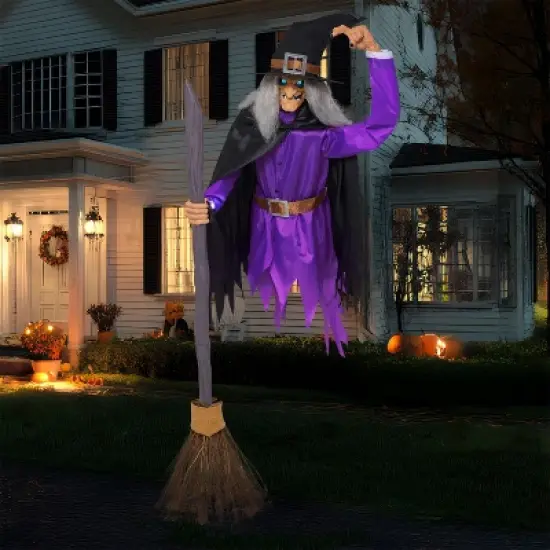 Joyfy 96'' Halloween Outdoor Decorations, Animated Flying Witch on Broom with Light Eyes and Scary Voice for Outside Yard Lawn Haunted House Decor image {10}